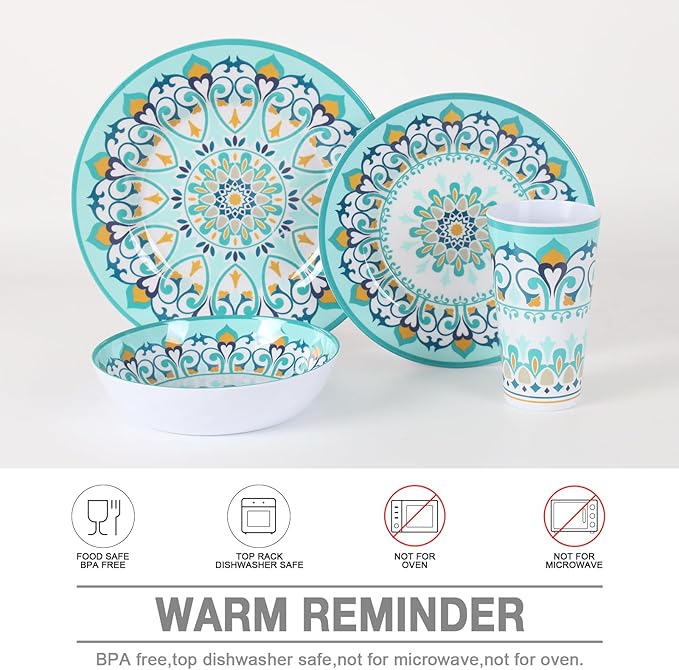Melamine Dinnerware Set for 4-16 Pcs:Camping Dishes Set with Dinner PlatesSalad PlatesBowls and Cups.Lightweight and Unbreakable.Indoor and Outdoor Use.