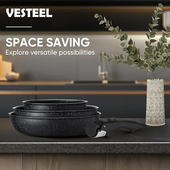 Vesteel 18Pcs Pots and Pans Set Nonstick Cookware Set with Detachable Handle Stackable RV Kitchen Cooking Utensils Set Black