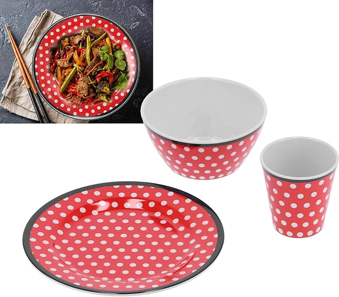 Topyond Christmas Dinnerware Set Melamine Plates and Bowls Set Red Dots Salad Plate Set Includes Plates Bowls and Cups for Home Kitchen Dining