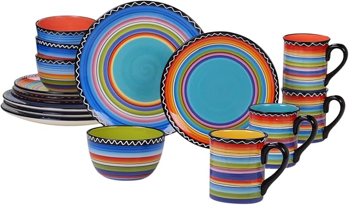 Tequila Sunrise 16-Piece Boho Ceramic Dinnerware Set – Vibrant Multicolor Plates Bowls &amp Mugs for 4 – Bold Microwave &amp Dishwasher Safe Fiesta-Inspired Tableware for Everyday Dining