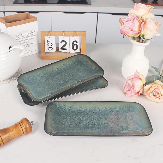 Serving Platters Set of 4 Rectangular Serving Plates Serving Trays for Entertaining Party MicrowaveOvenDishwasher SafeKitchen Dinnerware Blue reactive glaze 12.7 Inch