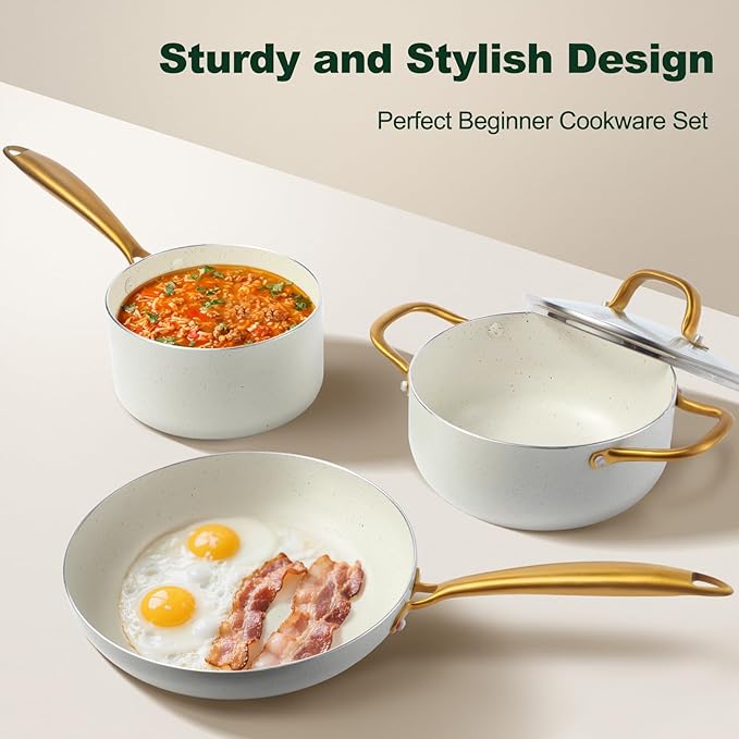Pots and Pans Set Non Stick 7 Piece White Granite Induction Cookware Set Nonstick Kitchen Cooking Set with Gold Handle and Utensil Oven Safe (PFOS PFOA Free)