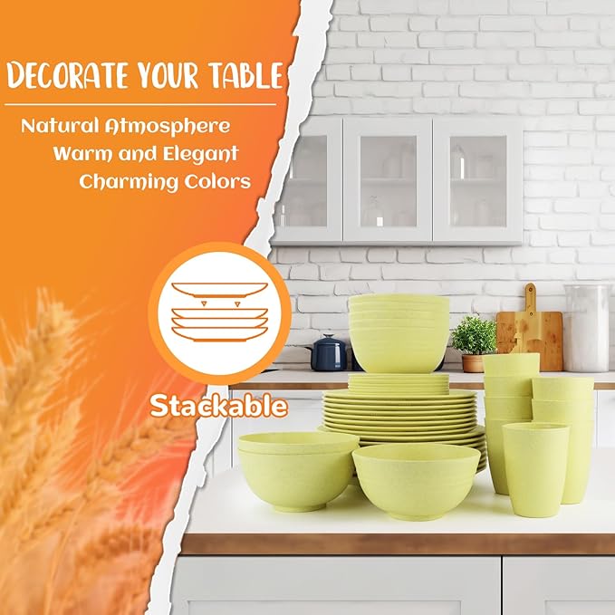 Wheat Straw Dinnerware Set 40-Piece Service for 8 Unbreakable Dishes Set Plates and Bowls Sets Drinking Glasses Microwave Safe Dish Set Lightweight Dinnerware Set for Home &amp Kitchen - Yellow