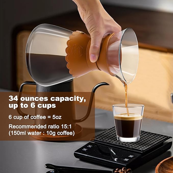 34oz Pour Over Coffee Maker with Double Layer Stainless Steel Filter Borosilicate Glass Dripper Detachable Heat-Resistant Leather Pad 7-8 Cups Coffee Maker Carafe（Light brown）