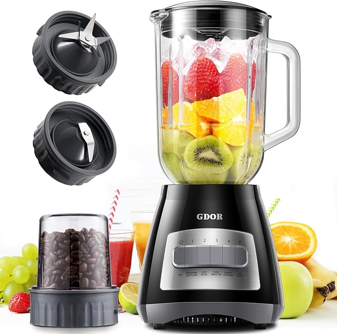 GDOR Blender 52 Oz Glass Jar Multi-Function Kitchen Blender &amp Grinder Combo 9 Functions with Shakes Puree Crush Ice and Chop Max 700W Self Cleaning