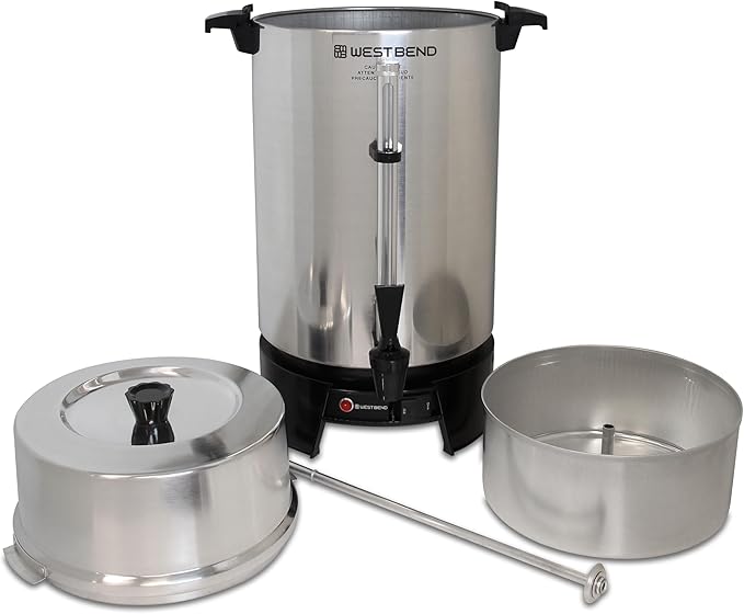 West Bend 33600 Coffee Urn Commercial Highly-Polished Aluminum NSF Approved Features Automatic Temperature Control Large Capacity with Fast Brewing and Easy Clean Up 100-Cup Silver