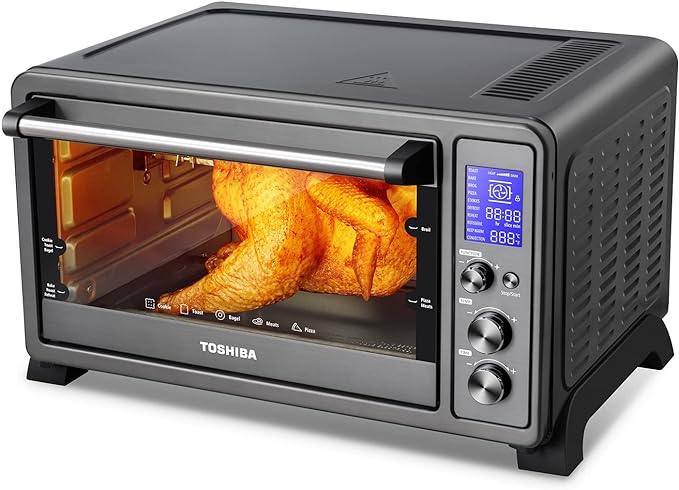TOSHIBA AC25CEW-BS Large 6-Slice Convection Toaster Oven Countertop 10-In-One with Toast Pizza and Rotisserie 1500W Black Stainless Steel Includes 6 Accessories