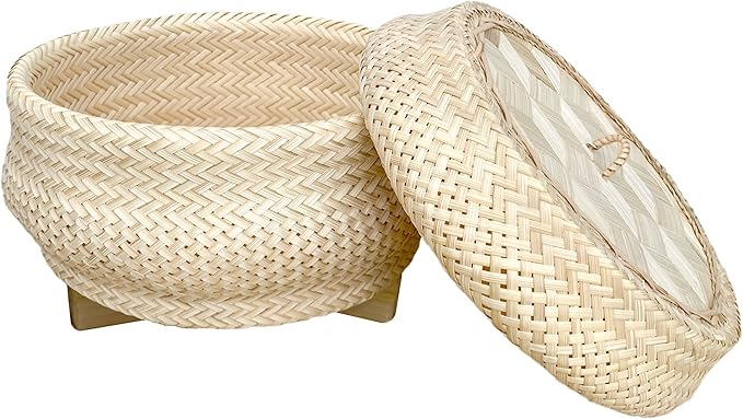 Handmade 100% Natural Thai Bamboo Sticky Rice “Electric Cooker Steamer Set” Small Pot Insert ~ 6.5 Inch Hewn Reed Wicker Woven Lid 16’’ Cheesecloth Filter and Wooden Spoon