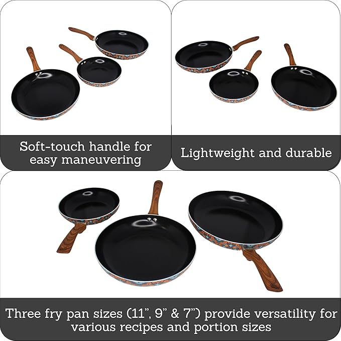 IMUSA Nonstick Ceramic Cookware Set 3-Piece 7in/9in/11in with Soft-Touch Handles Aluminum Black