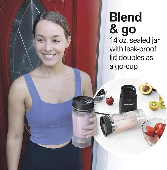 Personal Blender for Shakes and Smoothies with Leak-Proof Travel Lid Stainless Steel Blades 14 oz. Jar black 51190F