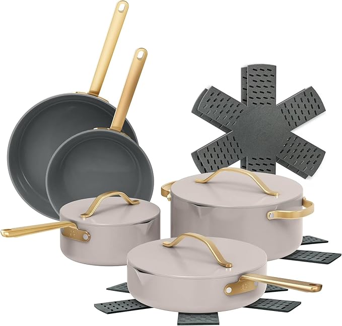 Nonstick Ceramic Cookware Set (12 Piece) Pots Frying Pans Lids and Kitchen Storage Oven Safe Pan Set &amp Compatible with All Stovetops - (Porcini Taupe)