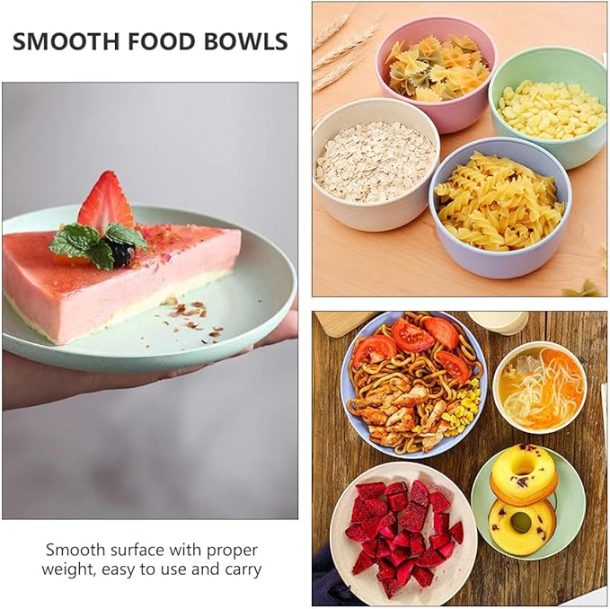 VALICLUD Portable Wheat Fiber Dinnerware Set 28pcs Including 7pcs Classic Nordic Pink Blue Green Beige Sets round Bowls Plates and Cups for Camping and Home Use