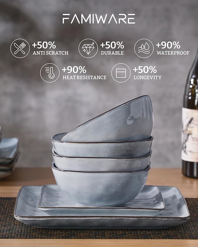 Famiware Dinnerware Sets for 8 Ocean Square 24-Piece Kitchen Plates and Bowls Sets Microwave and Dishwasher Safe Scratch Resistant Grey
