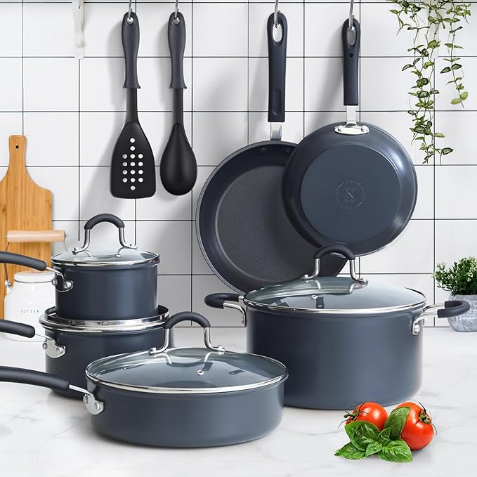 Cook N Home Pots and Pans Set Nonstick Professional Hard Anodized Cookware Sets 12-Piece Dishwasher Safe with Stay-Cool Handles Black