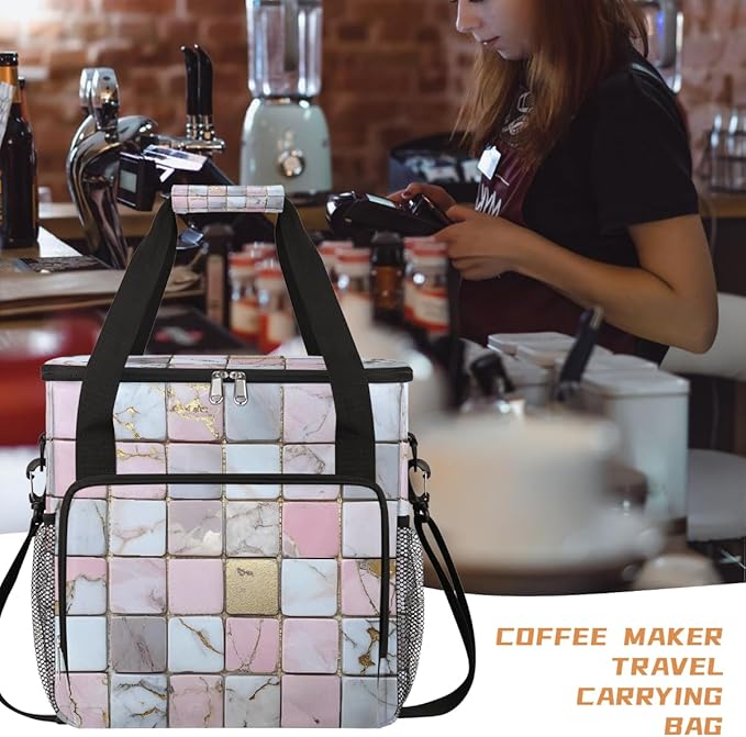Marble Lattice Coffee Maker Carring Bag Travel Carrying Storage Tote Bag Compatible with Keurig K-Mini or K-Mini Plus Portable Single Serve Coffee Brewer Case with Pockets for K-cup Pods