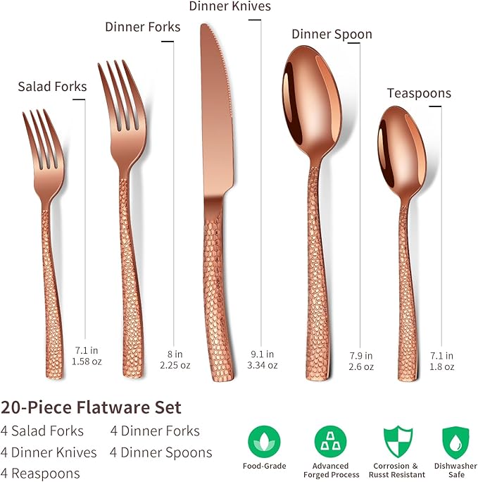 40-Piece Silverware Set Rose Gold Hammered Stainless Steel Flatware Sets for 8 Food-Grade Tableware Set Including Fork Knife Spoon Set Home Kitchen Cutlery Sets Dishwasher Safe