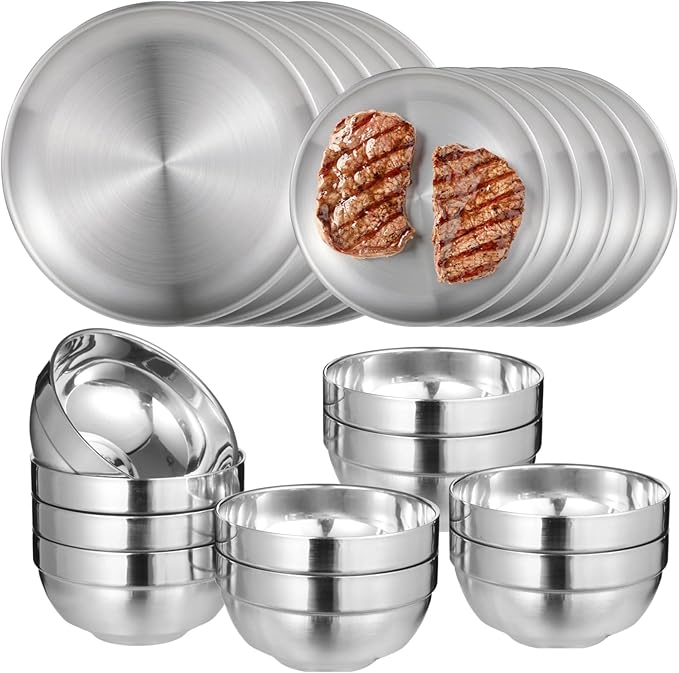 20PCS Stainless Steel Plates and Bowls Sets Includes 10PCS 6.7 &amp 10.2 in Plates 10 Pieces Bowls 304 Reusable Camping Mess Kits for Home Kitchen Dorm and Outdoor Picnic (Silver-A)