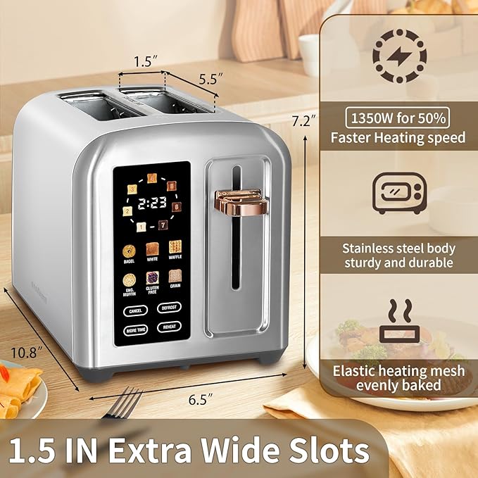 SEEDEEM Toaster 2 Slice Full Touch Control Stainless Toaster LCD Display 50% Faster Heating Speed 6 Bread Type 7 Shade Setting 1.5''Wide Slots Removable Crumb Tray 1350W Silver Metallic