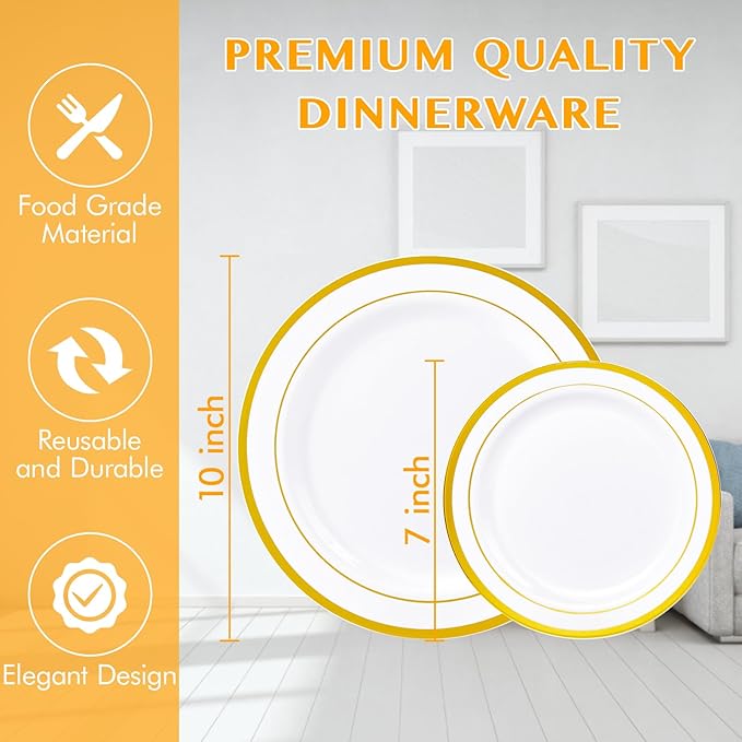 JollyPack 100 Piece Disposable Gold Plastic Party Plates Including 50 10 Inch Dinner Plates and 50 7 Inch for Dessert Great for Parties Weddings Home Use and Thanksgiving