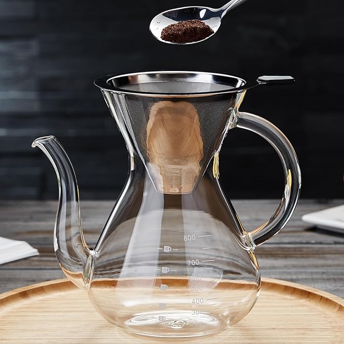 Unbreakable - Pour Over Coffee Maker with Double Stainless Filter 27 fl oz Thickened Heat-Resistant Borosilicate Glass Pour Over Coffee Dripper Stovetop Safe