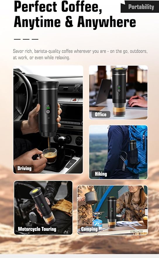 Portable Electric Coffee Maker Digital Display Compatible with Coffee PodsRechargeable Coffee Machine for Travel Camping RVHomeOffice (grey)