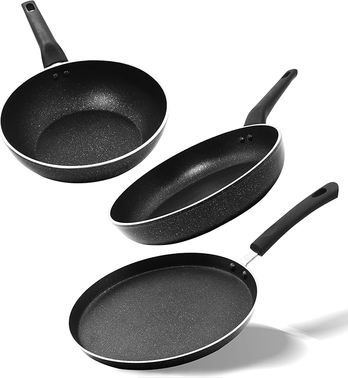 Vivicreate 3 pcs set deep fry pizza pan forge aluminum pan with non stick coating