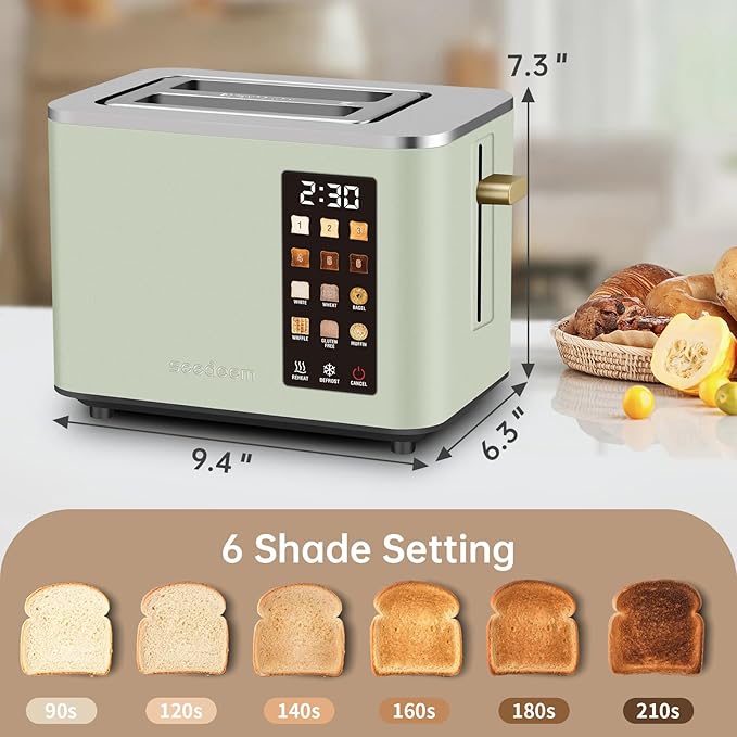 SEEDEEM Toaster 2 Slice Touch Control Screen Smart Stainless Toaster 6 Shade Setting 6 Bread Selection Countdown Removable Crumb Tray 900W Mint Green