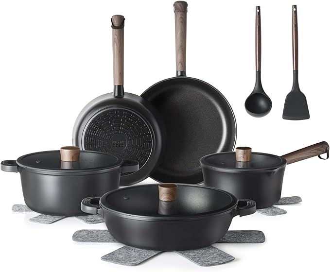 SENSARTE Nonstick Cookware Set Pots and Pans Set Kitchen Non-stick Cooking Set Dishwasher &amp Oven Safe Induction Compatible Free of Intentionally Added PFOA/PFOS 15pcs Black