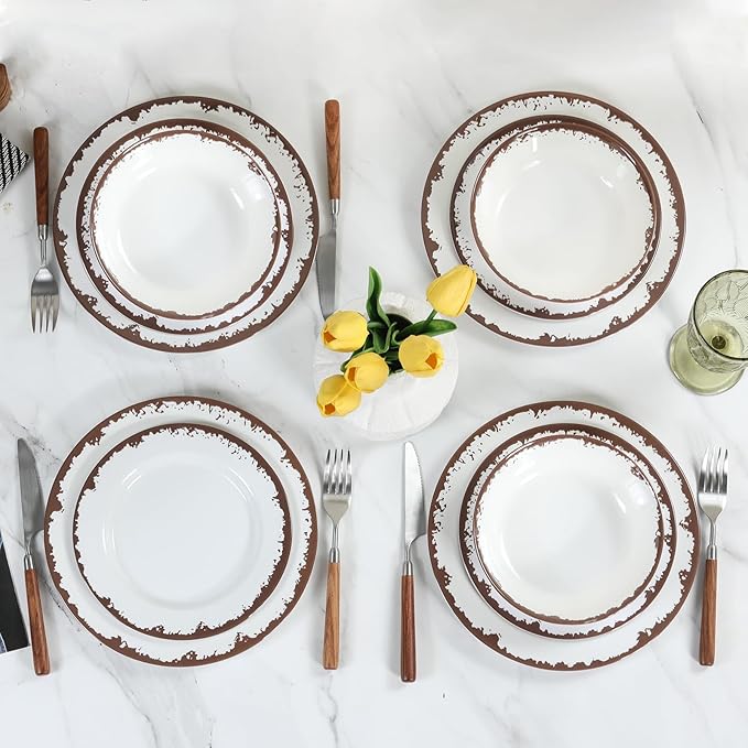 Melamine Dinnerware Set-12 Piece Melamine Plates and Bowls Set for 4Lightweight yet Durable Dish SetCamping/RV Unbreakable Serving Dishes Dishwasher Safe Off White