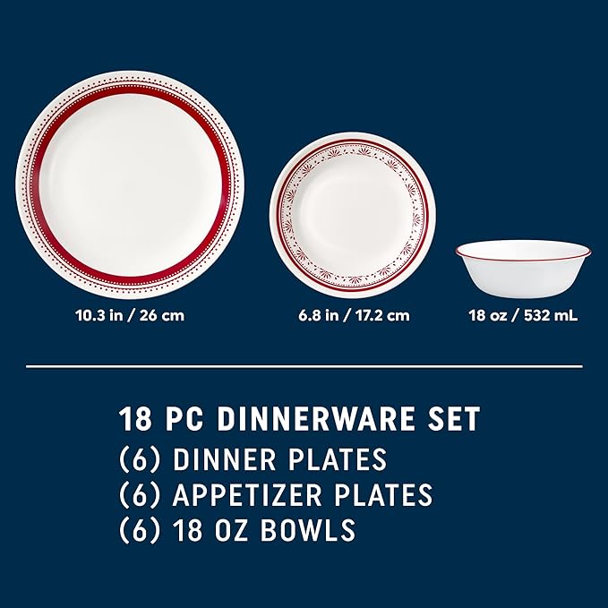 Corelle Everyday 18-PC Dinnerware Set Service for 6 Durable and Eco-Friendly Higher Rim Glass Plate &amp Bowl Set Microwave and Dishwasher Safe Sadie