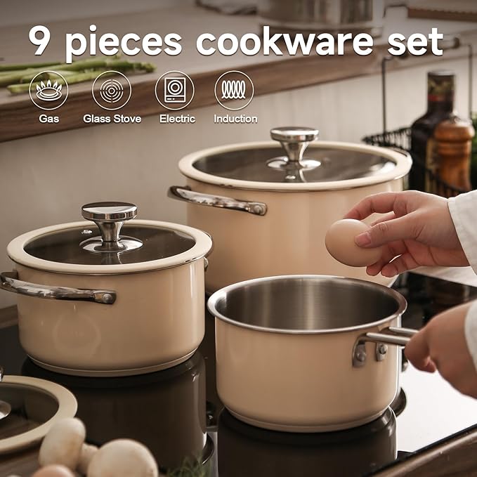 304 9pcs Stainless Steel Cookware Set Nonstick Kitchen Cookware SetBeige High Temperature Ceramic Paint Including 1 Milk Pot 3 Different Sizes Of Stockpot 1 Steam Tray For All Stoves