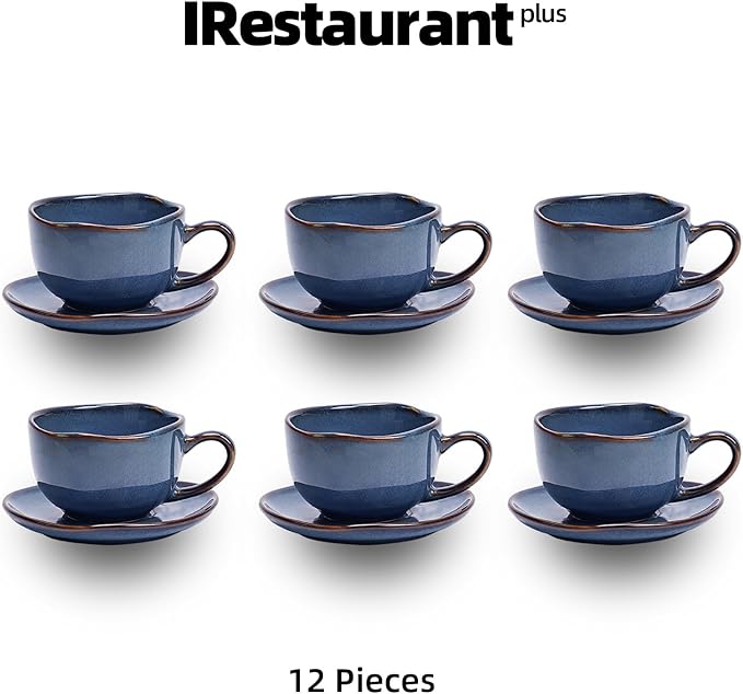 Organic Shape Highland Ceramic Coffee Cup and Saucer 6pcs 8oz Handmade Reactive Glaze Saucer Sets with Wavy Edge for Kitchen Microwave &amp Dishwasher Safe Scratch Resistant-Blue