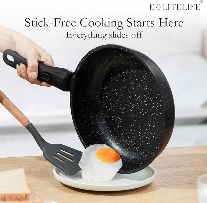 ESLITE LIFE Nonstick Cookware Sets with Detachable HandleCeramic Coating Pots and Pans Set Kitchen Cooking Set Compatible with All Stovetops PTFE &amp PFOA Free Black 10 Pcs Set