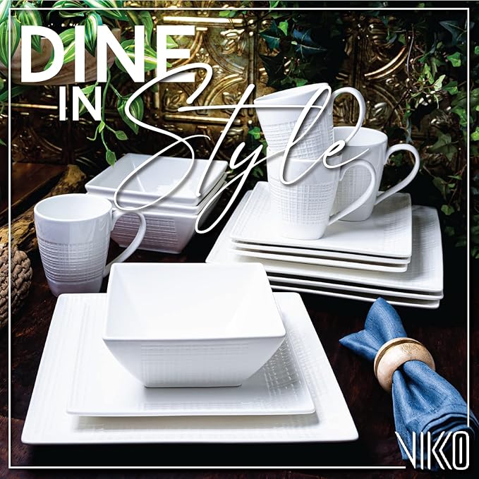 Vikko DinnerWare Sets16 Piece Dinnerware Set 4 Dinner Plates 4 Dessert Plates 4 Bowls 4 Mugs Fine Mesh Design Service for 4 Ceramic Dinnerware Sets Ivory