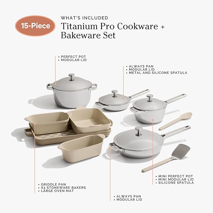 Our Place Titanium Pro Cookware &amp Bakeware Set | 15-Piece Non-toxic Nonstick Kitchenware with Titanium Always Pan Pro Perfect Pot Pro Minis &amp Ceramic Bakeware with Stovetop Griddle | Steam