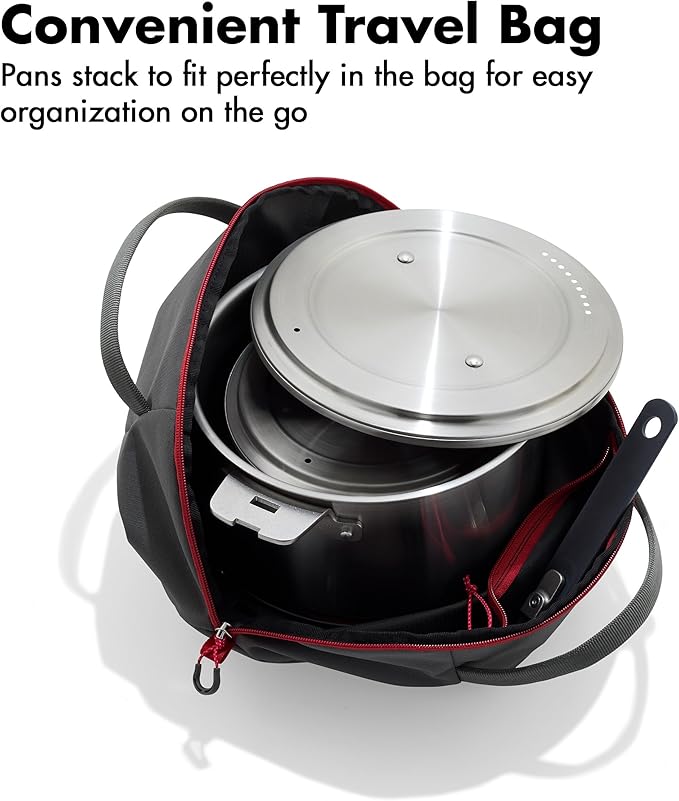 OXO Outdoor 8 Piece Camping Cookware Set 10 Pre-Seasoned Carbon Steel Frying Pan Skillet 2.25QT and 5QT Stainless Steel Saucepans with Lids Removeable Handle Trivet Travel Bag Space-Saving