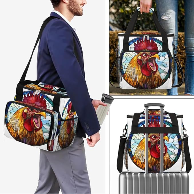 Funny Rooster Glass Painting Coffee Maker Carring Bag Travel Carrying Storage Tote Bag Compatible with Keurig K-Mini or K-Mini Plus Portable Single Serve Coffee Brewer Case with Pockets