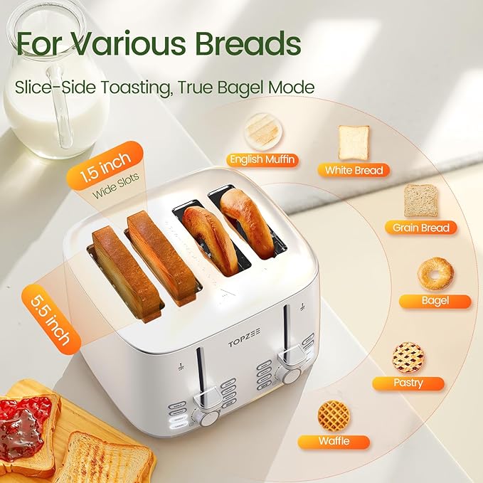 Topzee 4 Slice Toaster with Dual Independent Control 1.5” Wide Slots for Bagel Muffin Waffle Gluten Free Bread 7 Shade Settings Defrost &amp Reheat Stainless Steel Easy Clean White