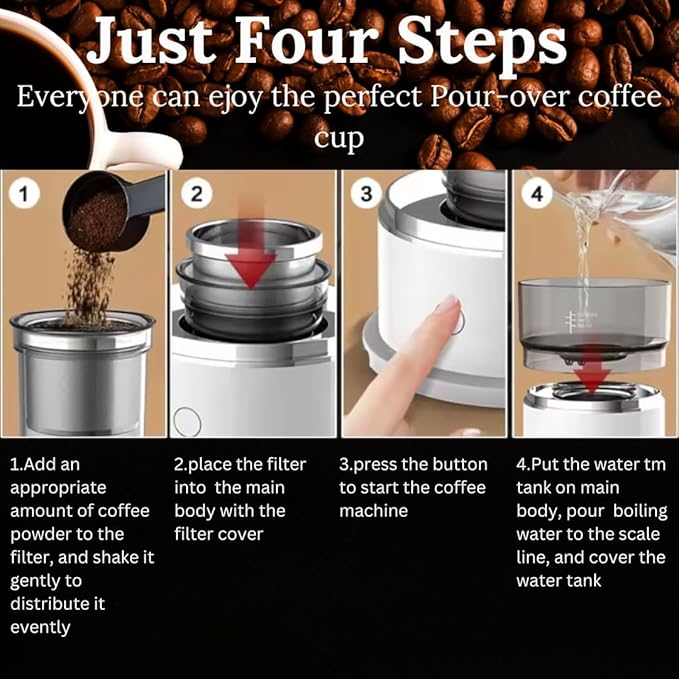 Generic BrewMatic-Smart Automatic Mini Portable Coffee Maker | Single Cup Pour Over Drip Coffee Machine with Filter for Travel Home Office and Kitchen Small