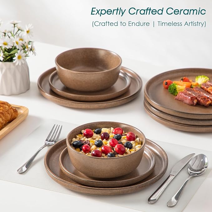 vancasso ZERMATT Plates and Bowls Sets for 6 18 Pieces Ceramic Dinnerware Set for Kitchen Stoneware Chip Resistant Dishes Set Dishwasher &amp Microwave Safe Brown