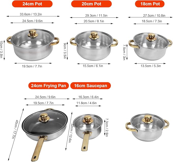 Cookware Set Stainless Steel Rustproof Stick Proof Safe Pan Pot Set for Home Kitchen Restaurant (Golden Handle)