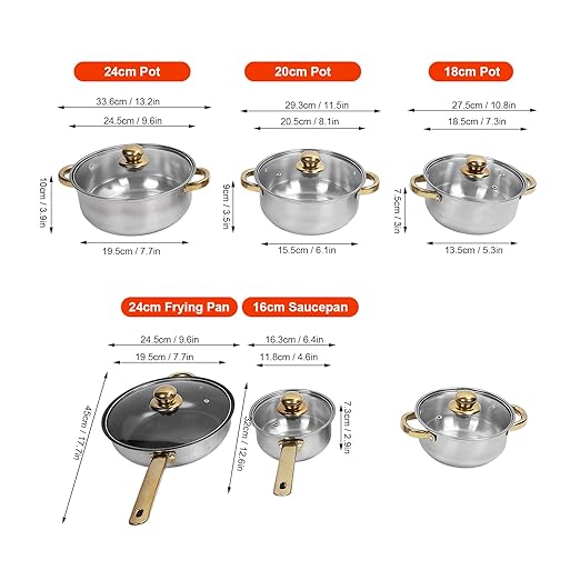 Pots and Pans SetPremium Stainless Steel Cookware Set - Proof and Stick Proof Pan and Pot Set with Gold Handles and Kettle - Ideal for Home Kitchens and Restaurants (Gold Handle)