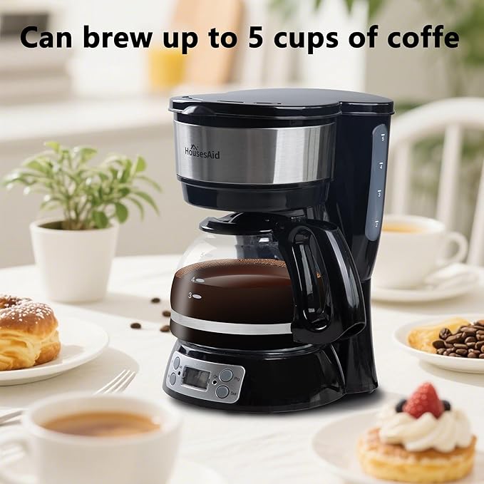 5-Cup Programmable Drip Coffee Maker with Digital Timer Glass Carafe24-Hour Auto Brew2-Hour Auto Shut-Off Pause &amp Pour Removable Filter BasketCompact Coffee Machine for Home &amp Office
