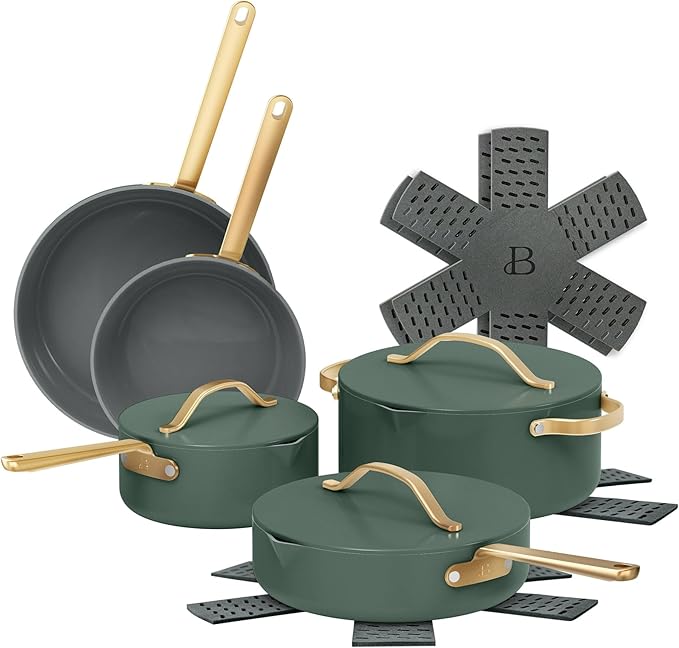 12-Piece Ceramic Non-Stick Cookware Set | Pots &amp Pans with Lids | PFOA-Free Ceramic Coating | Induction Compatible &amp Oven Safe | Gold Handles | Includes Protectors