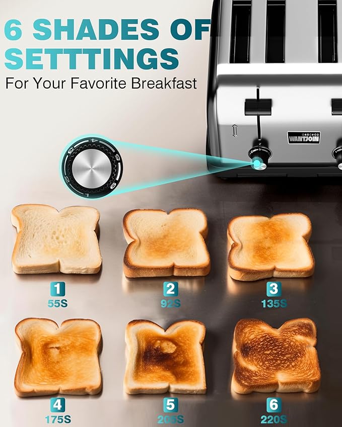 WantJoin Toaster Commercial 4 Slices- 225 Slices/Hour 1800W Pop Up Wide Slots 1.57 inch Stainless Steel 6-Level Setting with Removable Crumb Tray Bread Bagels Breakfast Restaurant