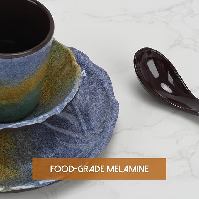 Melamine Dinnerware Sets 4-Piece Unbreakable Plates Bowls Cups and Spoons Lightweight Dishwasher Safe Dinnerware for Outdoor Indoor