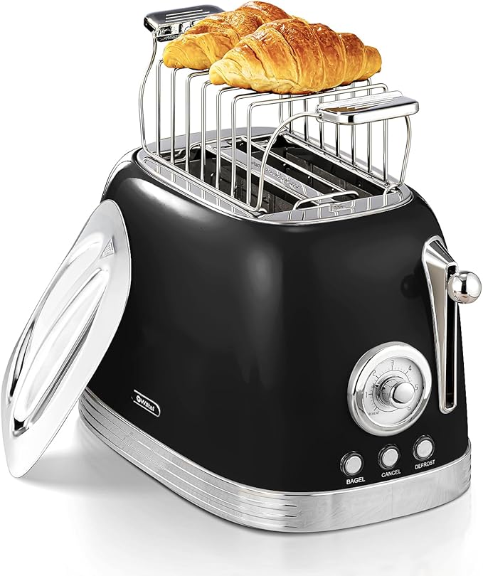 Glossy Black Cute Retro Toaster 2 Slice with 1.58 Wide Slots Bread toaster with Cover and Warm Rack Stainless Steel Toaster with Removable Crumb Tray Preheat Defrost Cancel Function