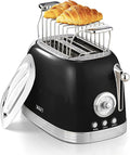 Glossy Black Cute Retro Toaster 2 Slice with 1.58 Wide Slots Bread toaster with Cover and Warm Rack Stainless Steel Toaster with Removable Crumb Tray Preheat Defrost Cancel Function