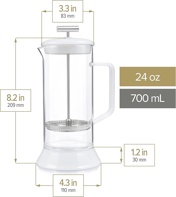 Teabloom Toulouse Borosilicate Glass Tea Press and Coffee Maker with No Plastic 24-Ounce (700 mL) - Frost White