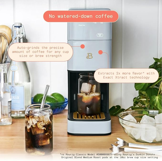 B - Perfect Grind Programmable Single-Serve Coffee Maker with Built-In Grinder Fresh Ground Brewing Touch Controls Reusable Filter Compact Countertop Design (Cornflower Blue)